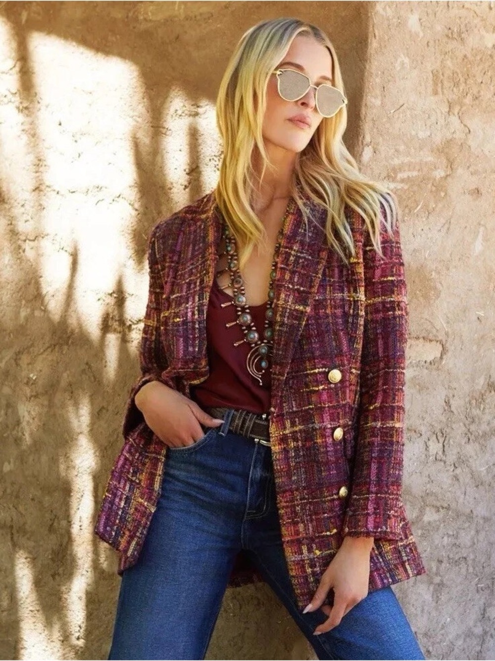 NWT $850 L'AGENCE Aimee Double-Breasted Tweed Blazer Magenta Pink Multi Size 2,6